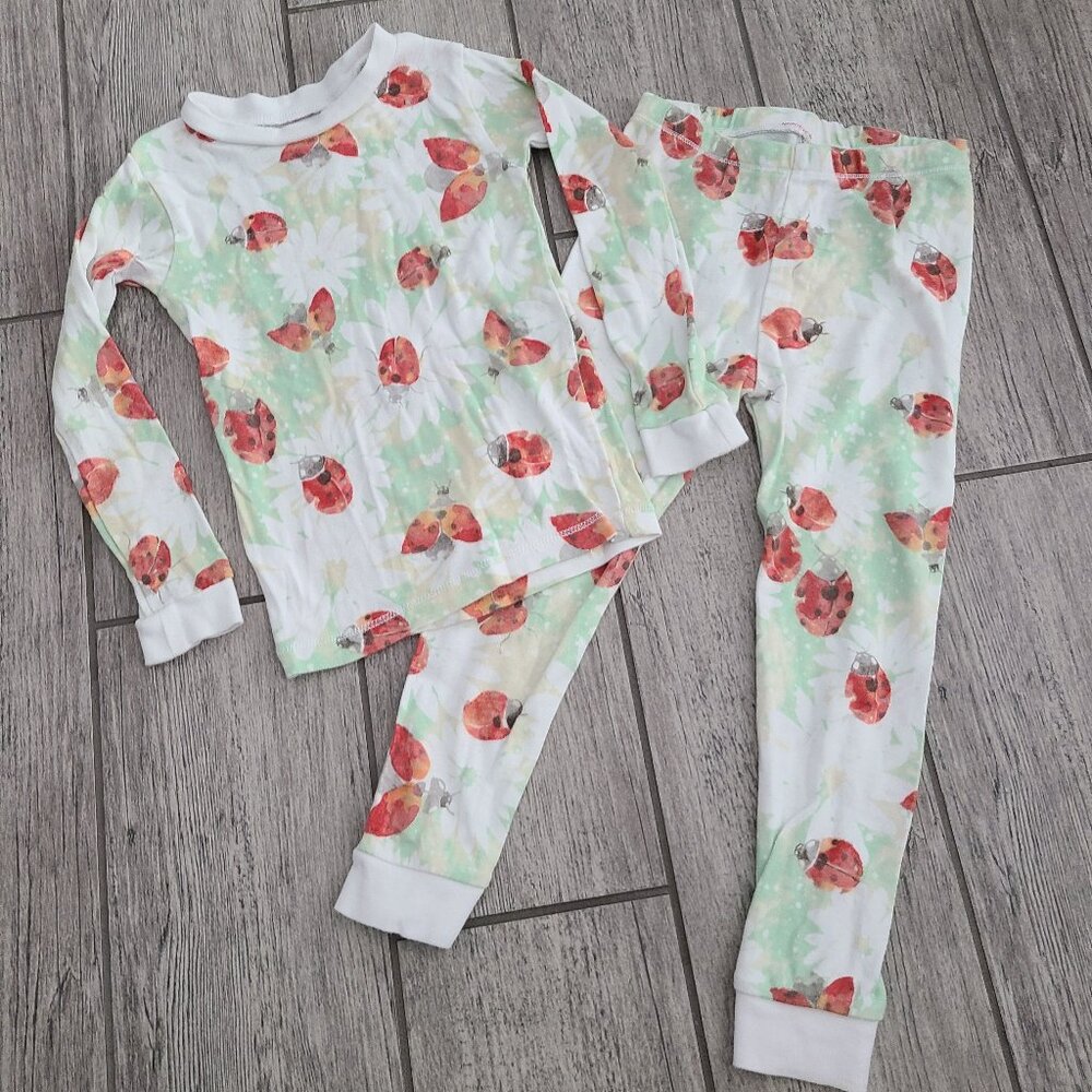Burt’s Bees Kids Ladybug Organic Cotton Long Pajama Set White Green Red 4T